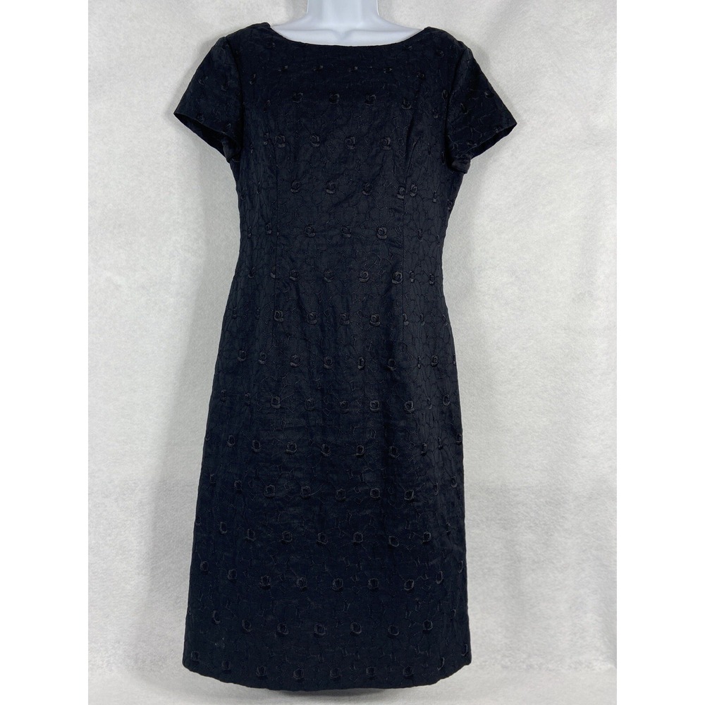 Vintage Talbots Dress Women's 8 Black Sheath Cap Sleeve Eyelet 100% Linen